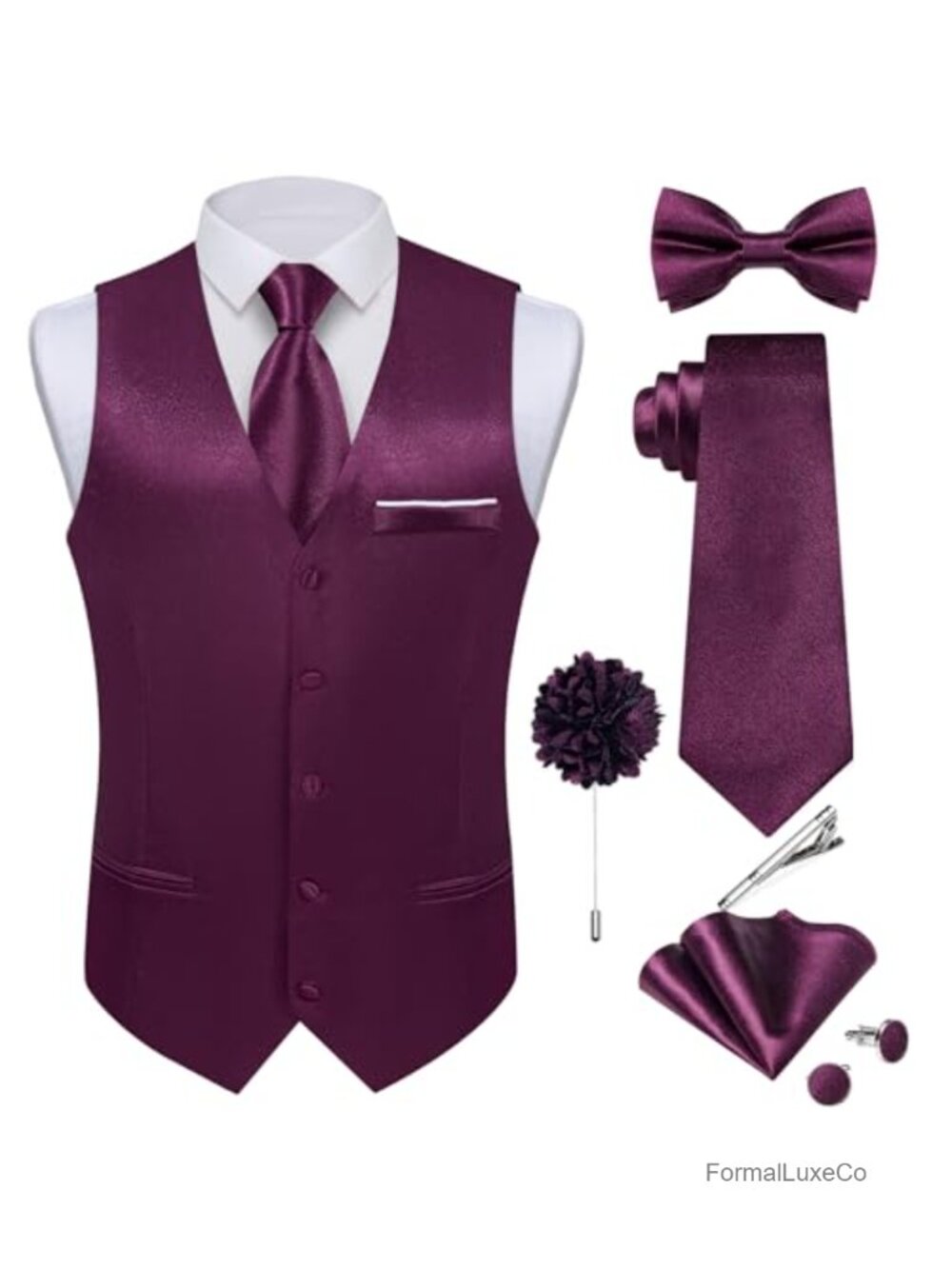 Mens Satin Suit Vest Tie Set 8PCS Waistcoat Bowtie Tuxedo Formal